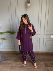 2 Piece woollen embroided side pocket embroidered co-ord set (Neelam)