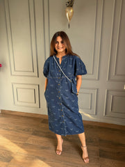 Denim Baggy printed calf length dress with bag (Chanel)