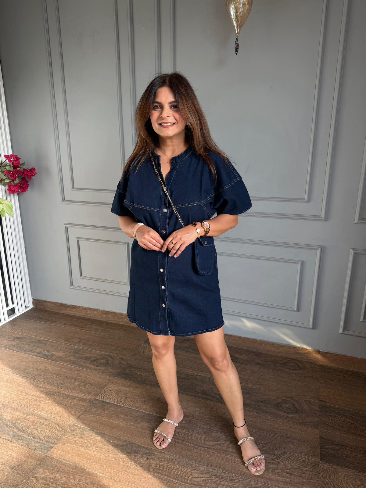 Denim short dress with sling bag (Gucci)