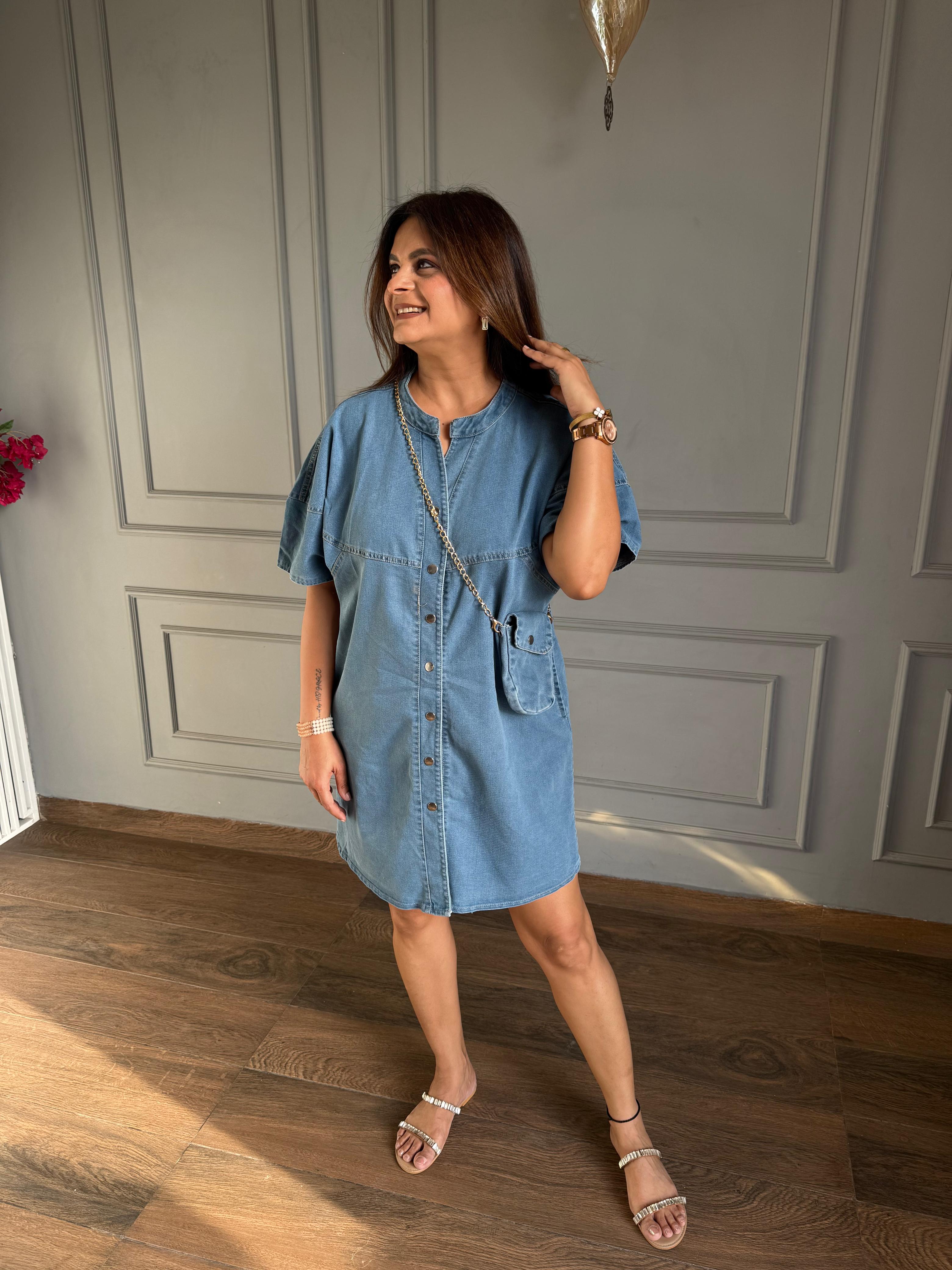Denim short dress with sling bag (Gucci)