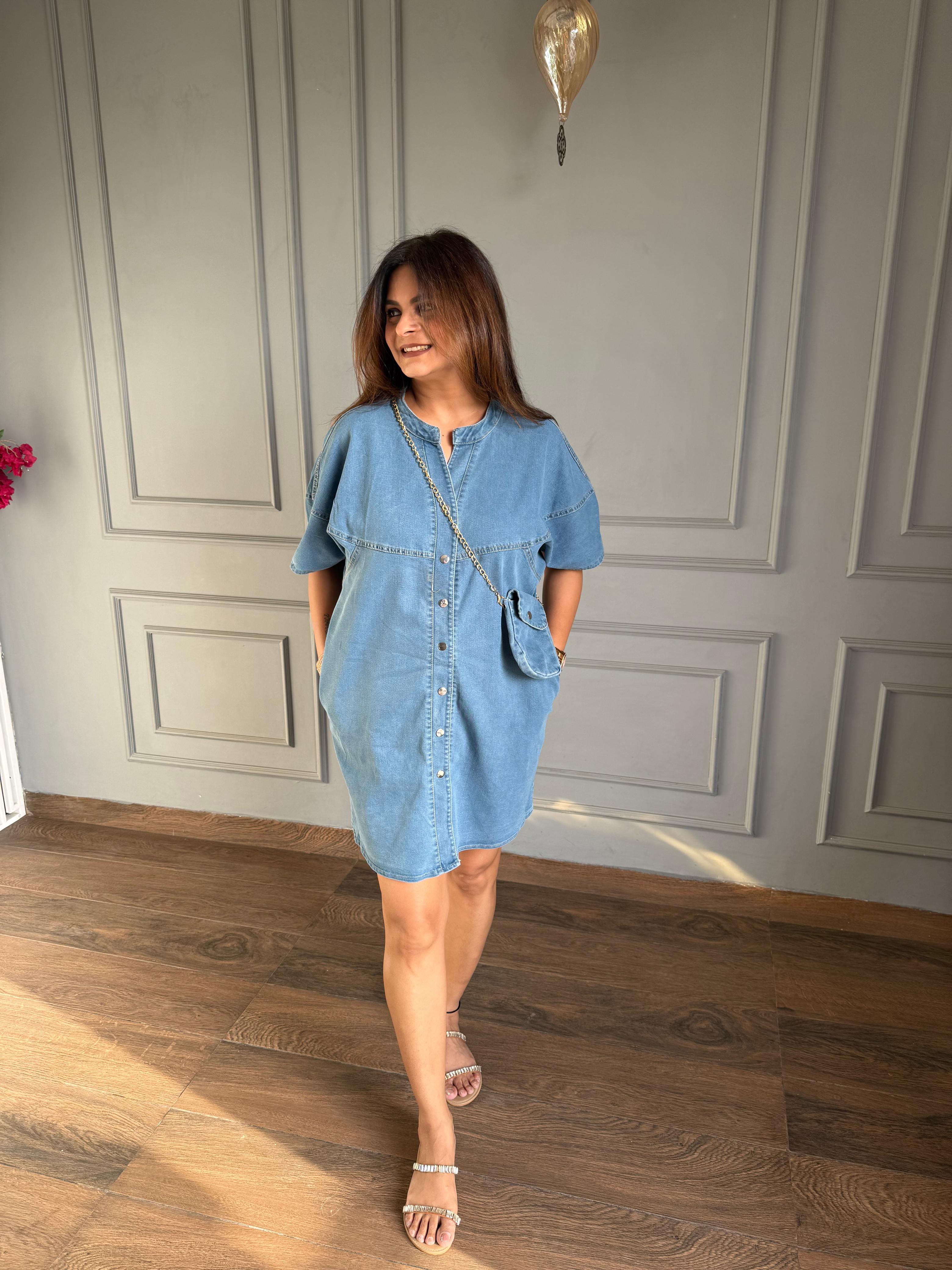 Denim short dress with sling bag (Gucci)