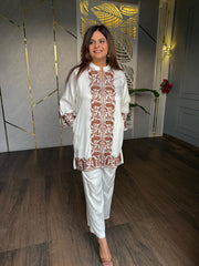 Kashmiri embroidery cotton-silk co-ord set (Henna)