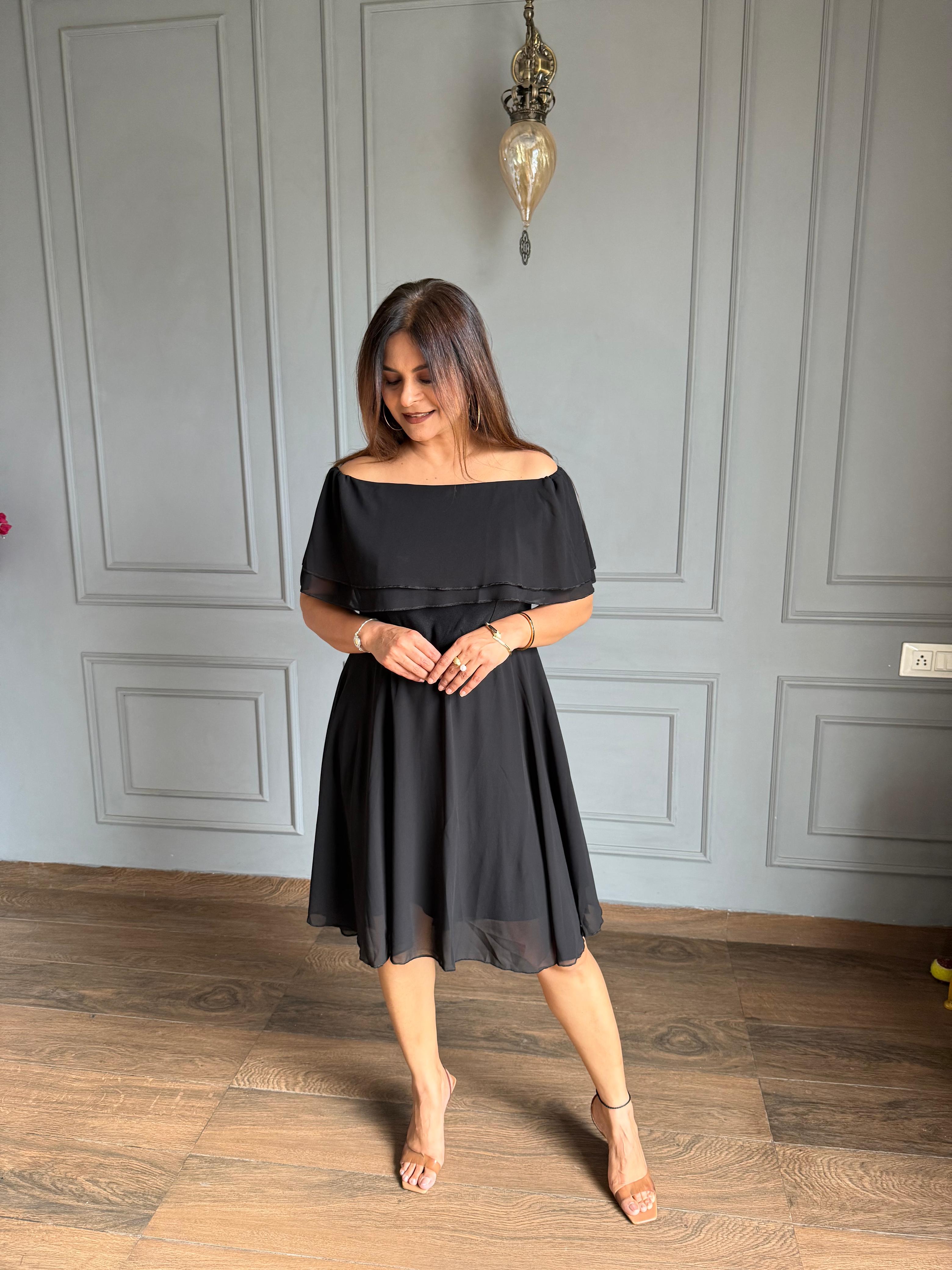 Super soft stretchable off-shoulder georgette dress (Amari)