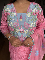 Cotton crochet embroided suit with hand painted organza dupatta (Kohinoor)