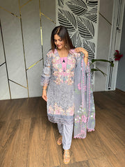 Cotton crochet embroided suit with hand painted organza dupatta (Kohinoor)