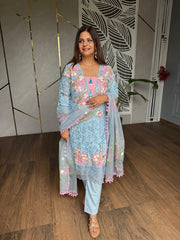 Cotton crochet embroided suit with hand painted organza dupatta (Kohinoor)