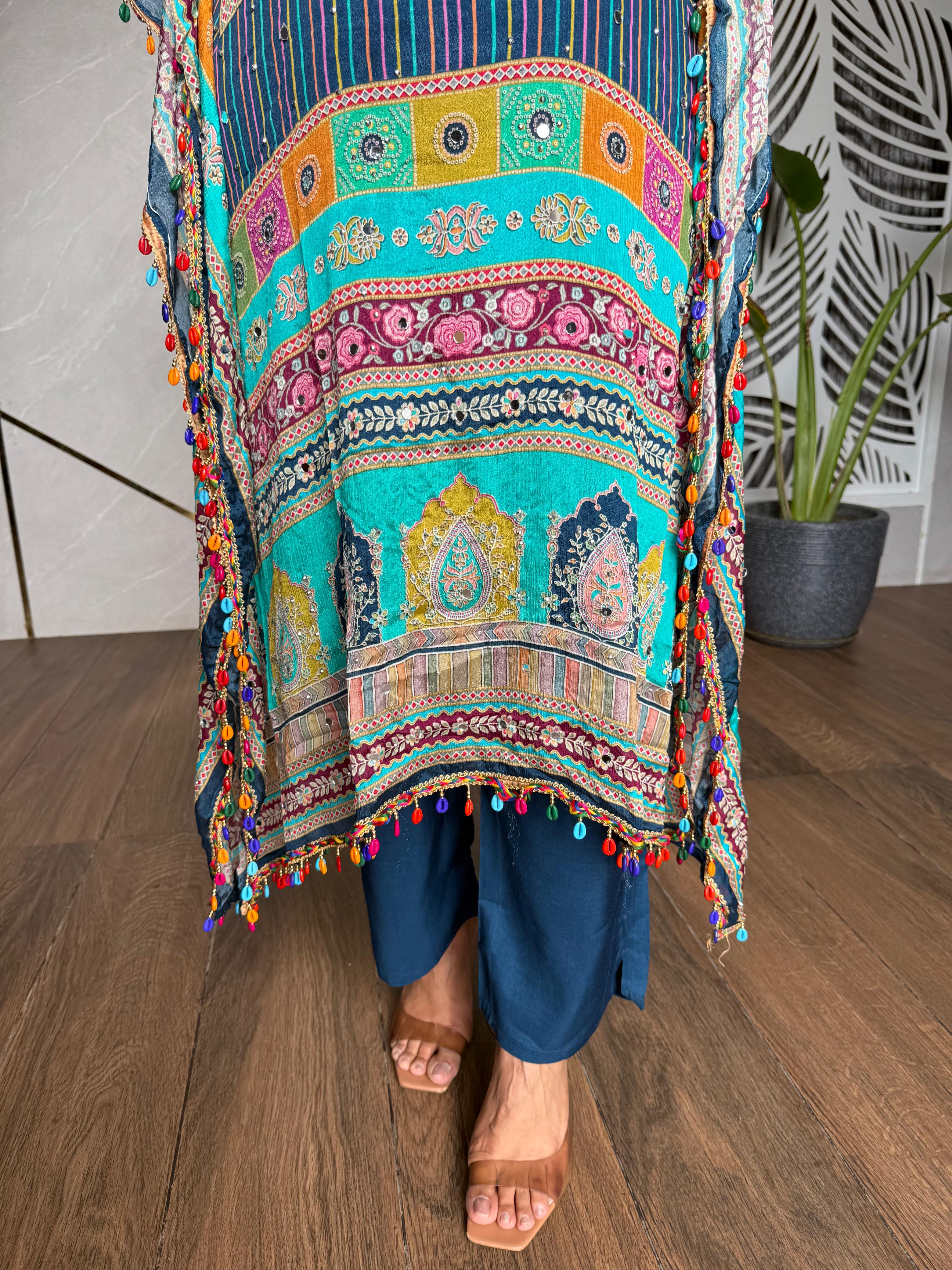 Beautiful real mirror detailing chinnon kaftan set (khushbu)