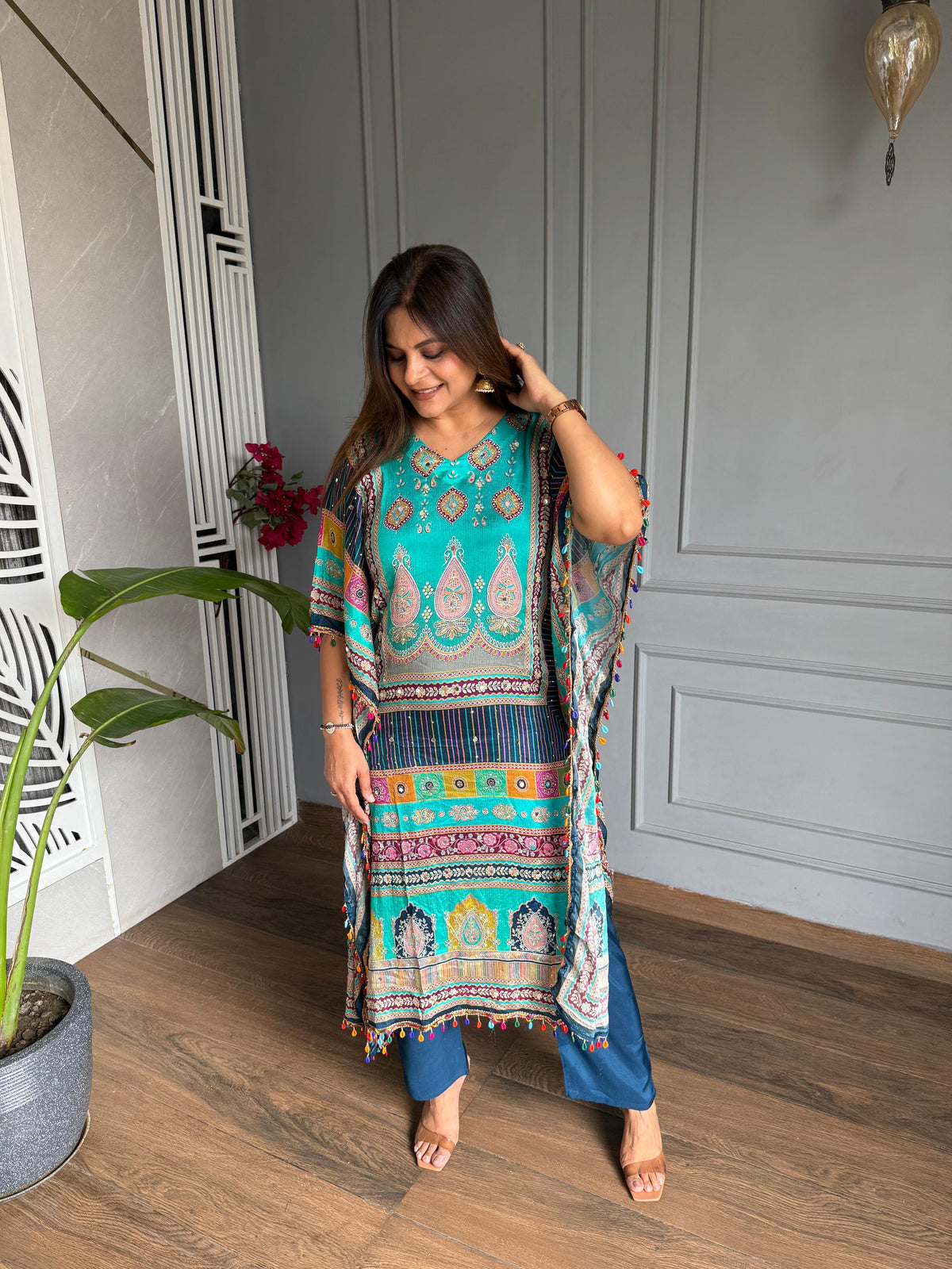 Beautiful real mirror detailing chinnon kaftan set (Khushbu)