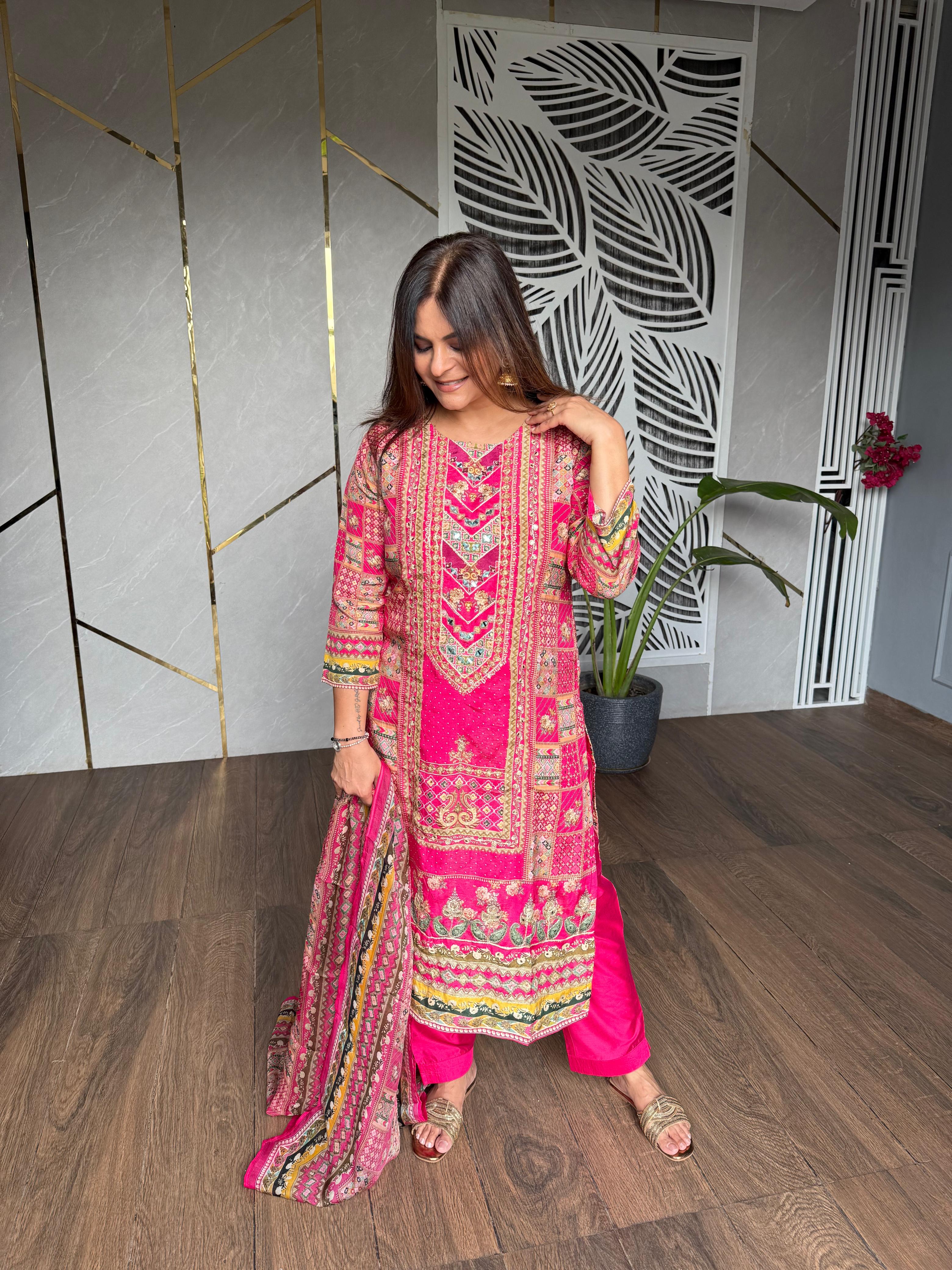 Super pretty digital print embroided suit (Monsoon)