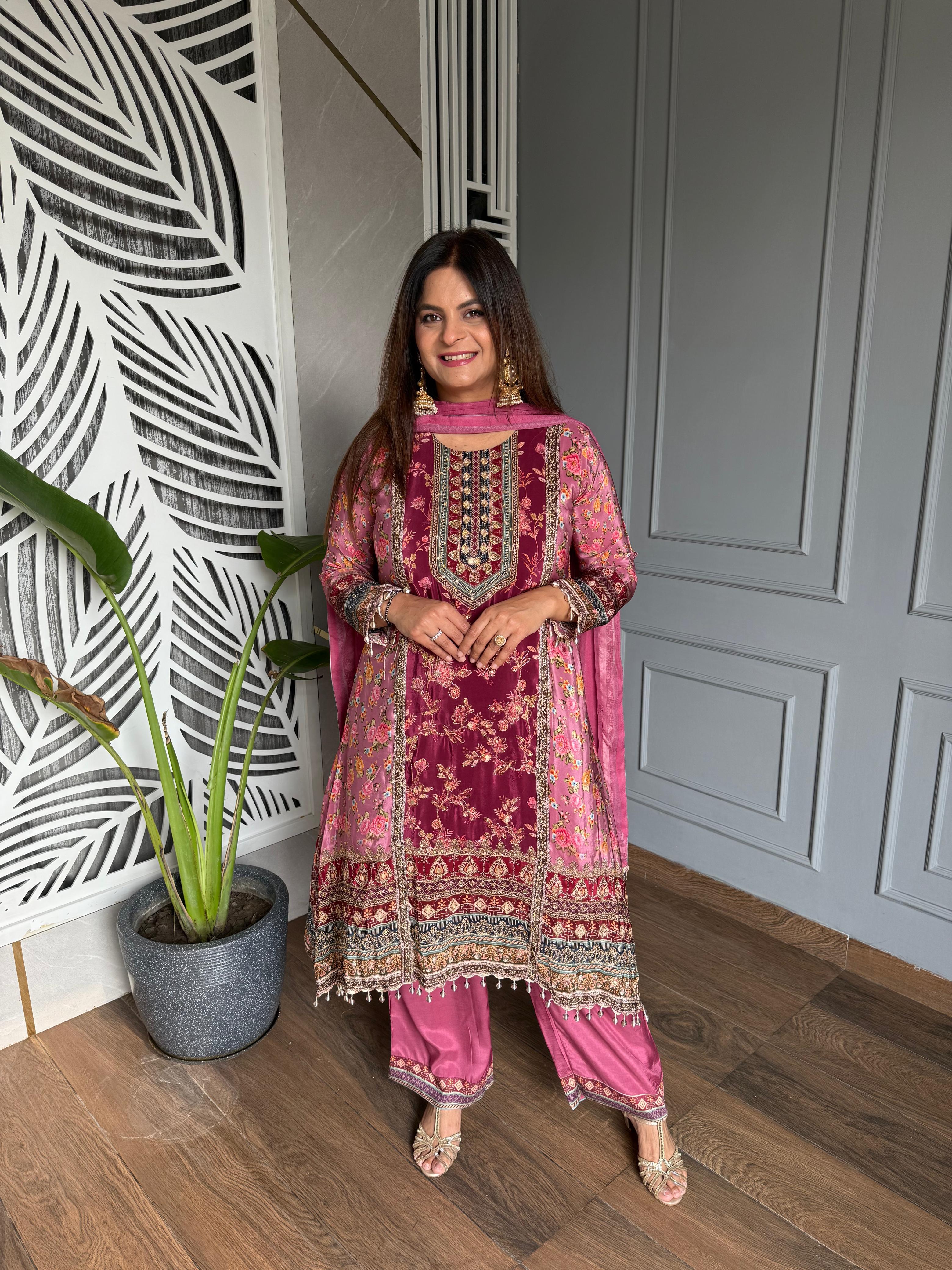 Beautiful digital printed C cut embroided suit (Huma)