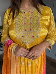 Gorgeous Embroidered Flarred Anarkali Muslin suit with full muslin dupatta (Bandhej)