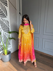 Gorgeous Embroidered Flarred Anarkali Muslin suit with full muslin dupatta (Bandhej)