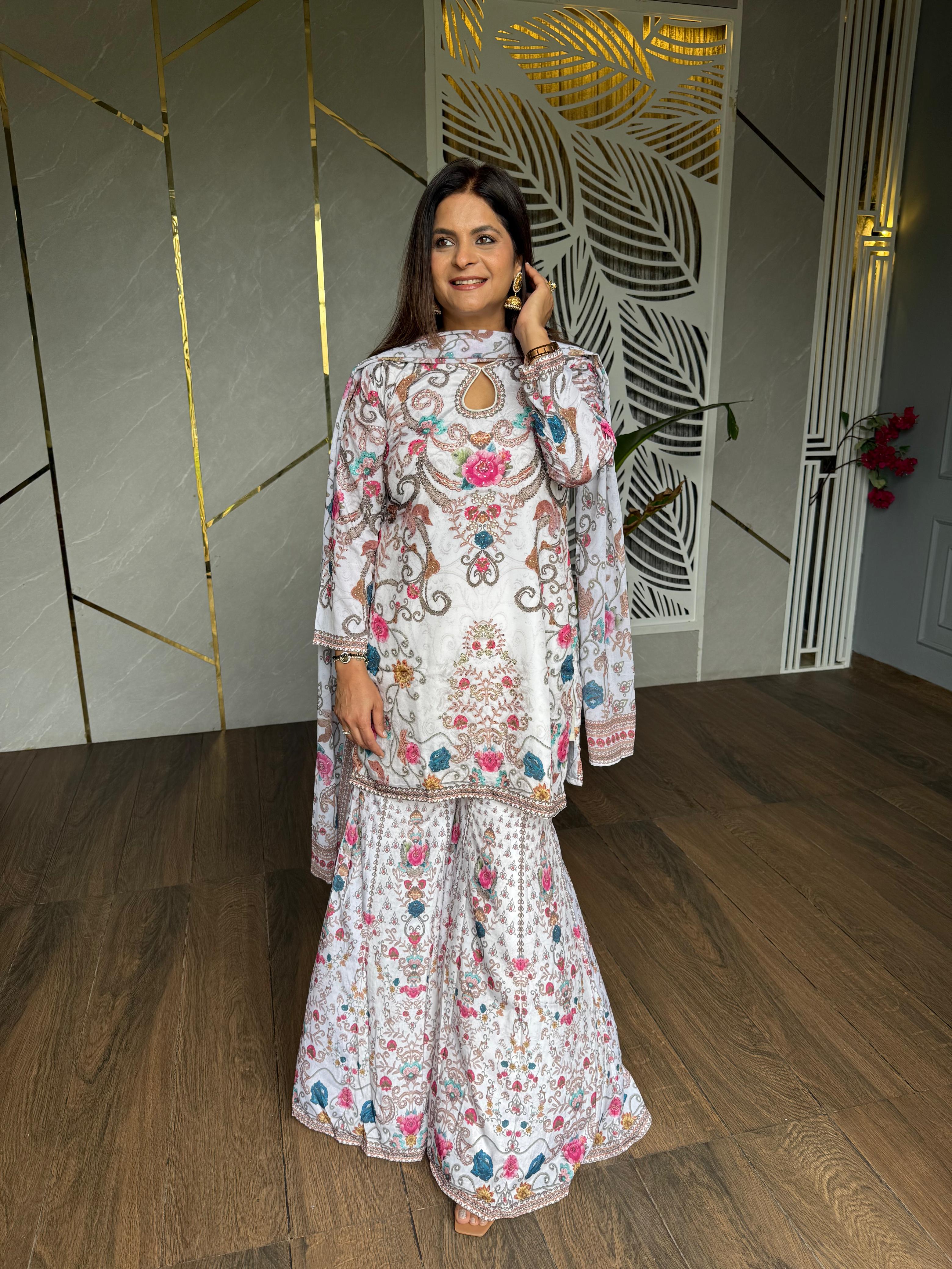 Off white printed garara suit (Stone)
