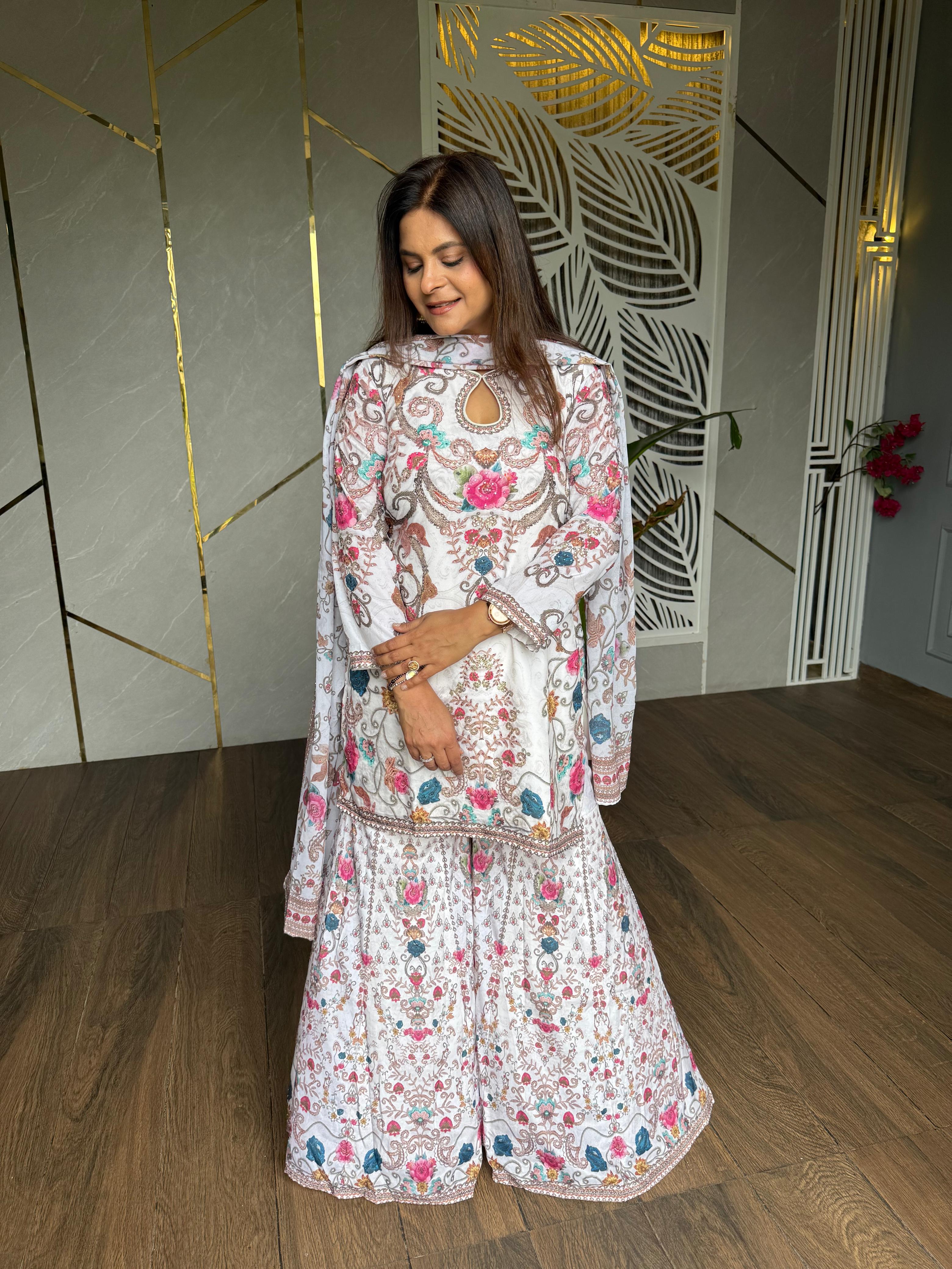 Off white printed garara suit (Stone)