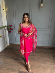 Hand work detailing silk cotton suit with organza scalping dupatta (Radha)