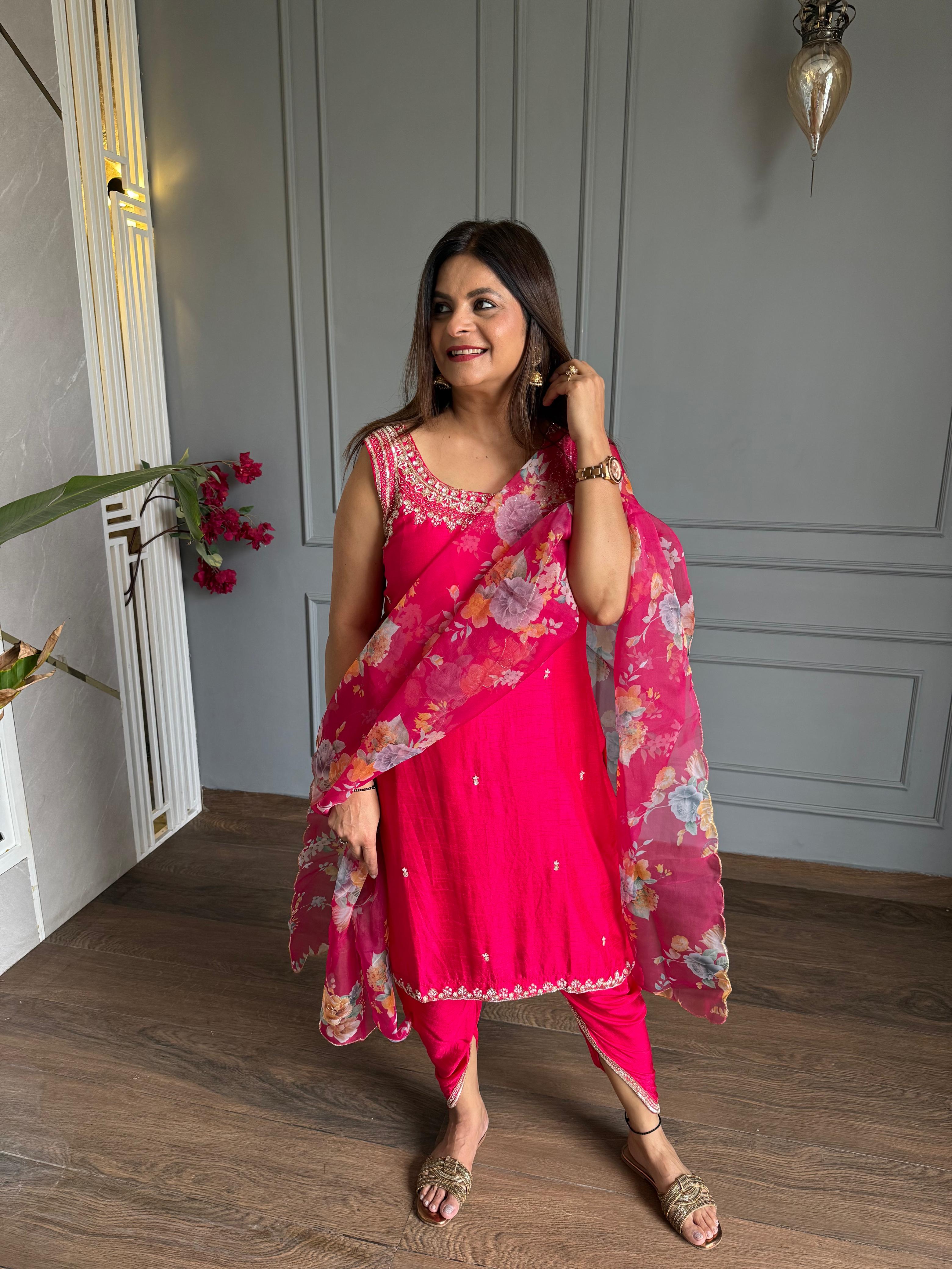 Hand work detailing silk cotton suit with organza scalping dupatta (Radha)