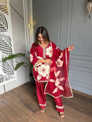 Crepe hand painted embroided suit with lining (Cherry)