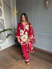 Crepe hand painted embroided suit with lining (Cherry)