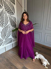 Pleated comfortable skirt with hand embroidered blouse and embroidered cape (Jamun)