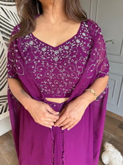 Pleated comfortable skirt with hand embroidered blouse and embroidered cape (Jamun)