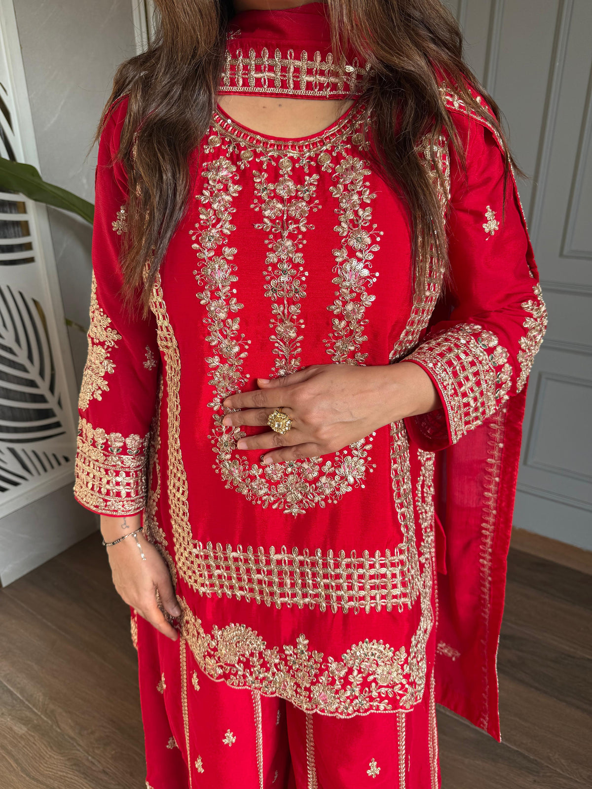 Embroidered Sharara Suit with embroidered Chinnon dupatta (Karwa)