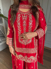 Embroidered Sharara Suit with embroidered Chinnon dupatta (Karwa)