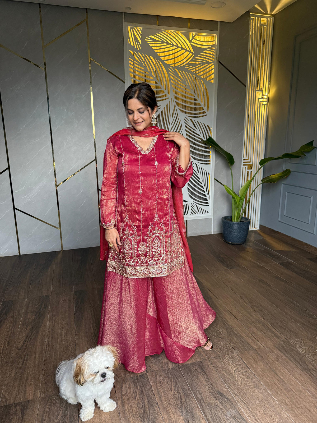 New shimmer tissue Sharara hand embroidered Suit with embroidered tissue dupatta (Sitara)