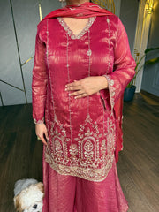 New shimmer tissue Sharara hand embroidered Suit with embroidered tissue dupatta (Sitara)