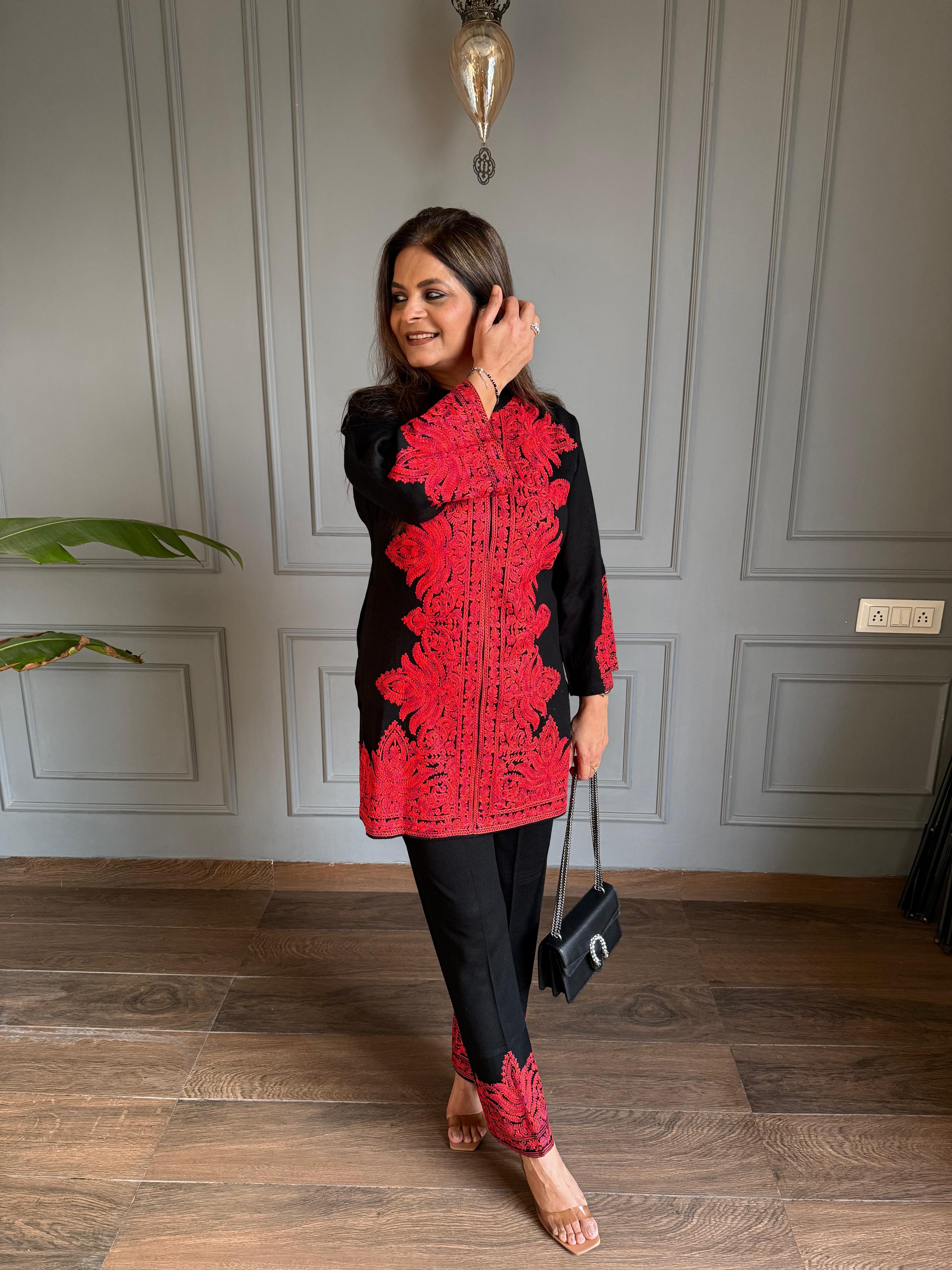 Kashmiri embroided woollen co-ord set (Maple)