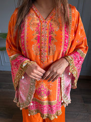 Crepe embroided kaftan set (Orange)