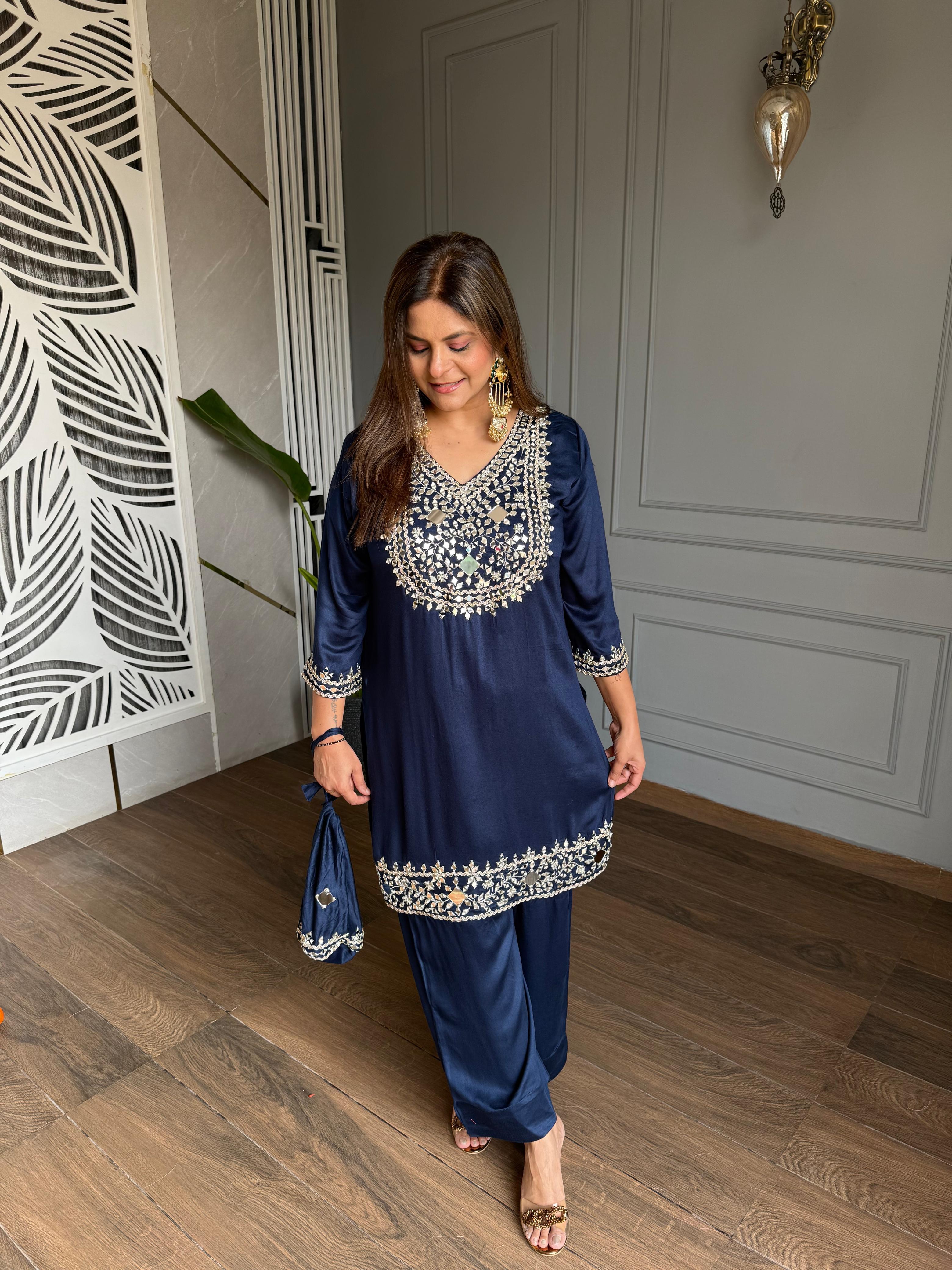 Cotton silk farshi salwar co-ord set with potli (Seher)