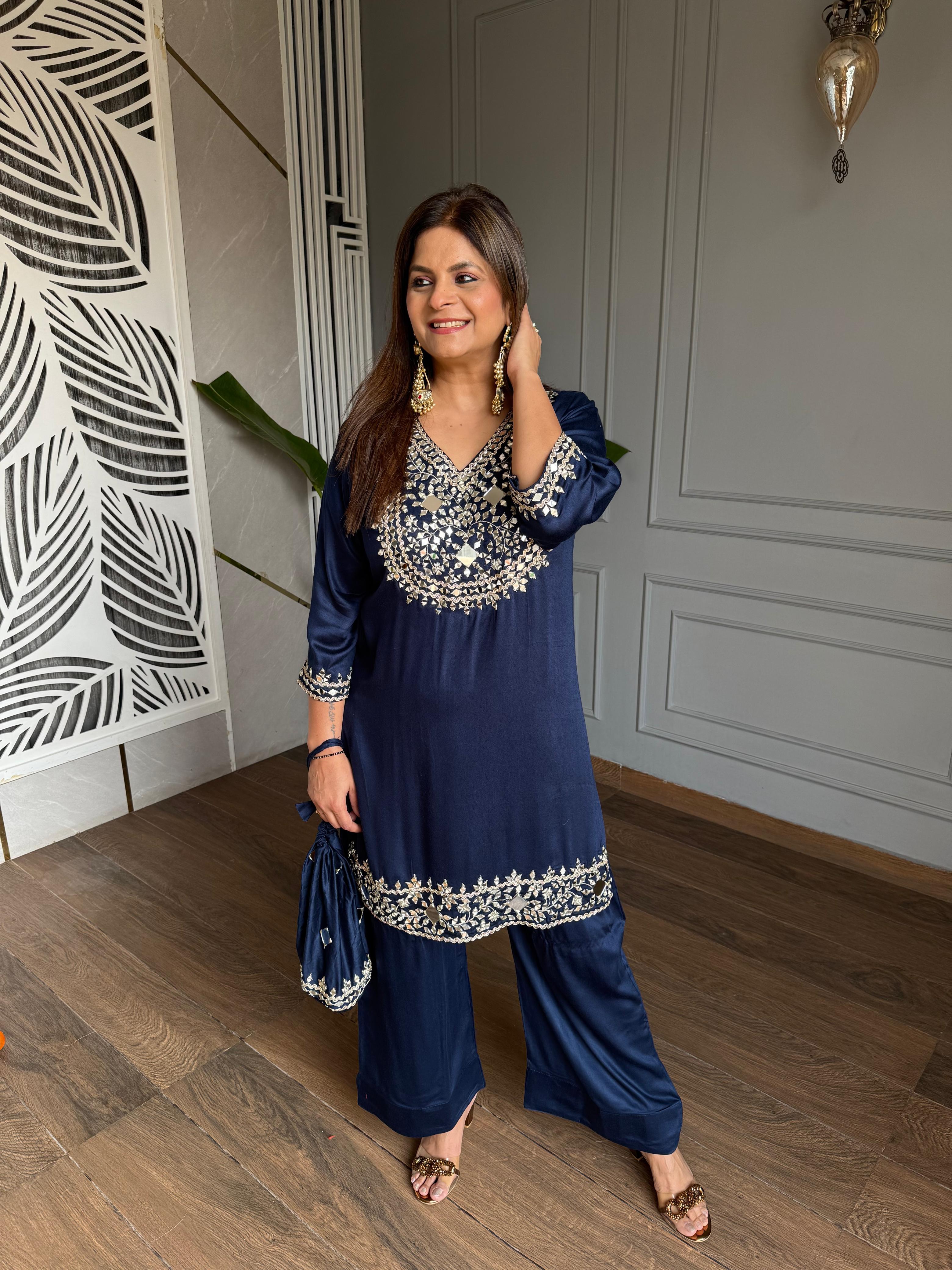 Cotton silk farshi salwar co-ord set with potli (Seher)