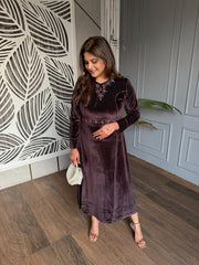 Charvi calf length stretchable velvet embroided dress