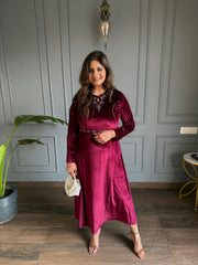 Charvi calf length stretchable velvet embroided dress