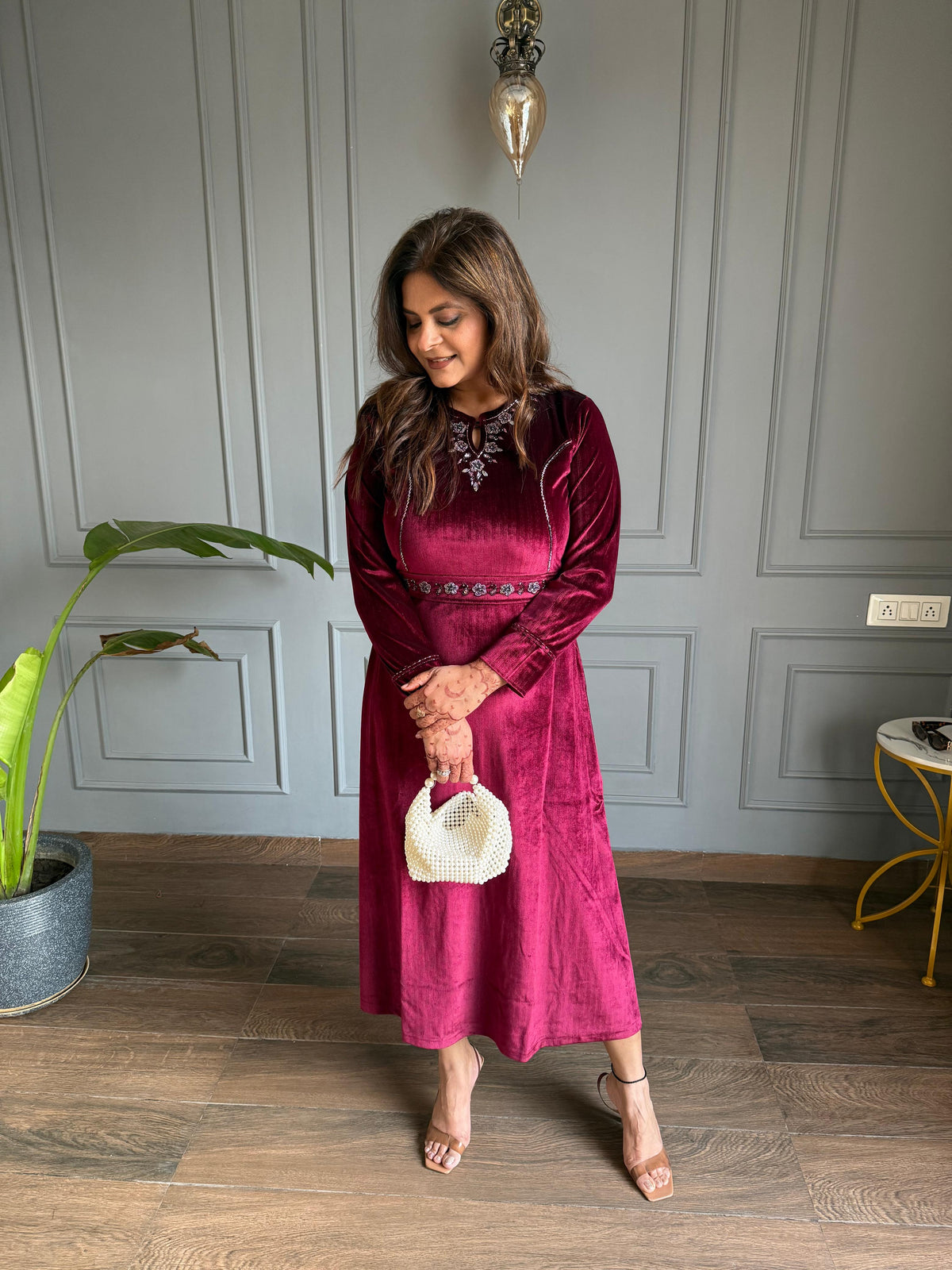 Charvi calf length stretchable velvet embroided dress