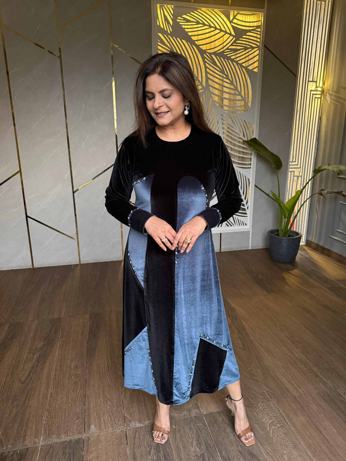 Velvet strechable dual tone calf length dress with handwork (Simran)