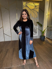 Velvet strechable dual tone calf length dress with handwork (Simran)