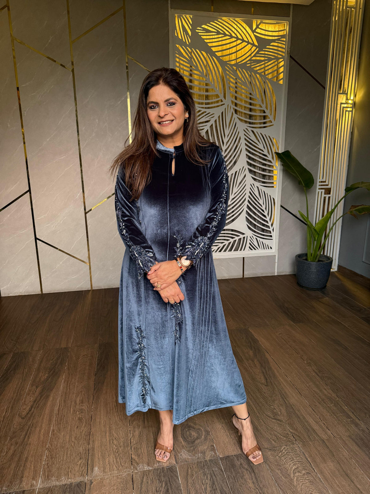 Velvet hand embroided calf length dress (Liza)