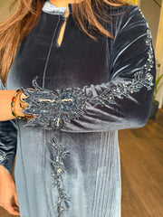 Velvet hand embroided calf length dress (Liza)