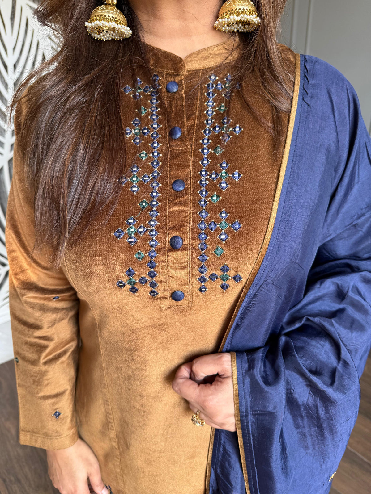 Corduroy velvet formal festive suit with silk dupatta (Shirin)