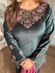 Corduroy velvet formal festive suit with silk dupatta (Shirin)