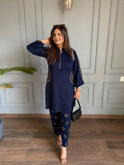 2 Piece woollen embroided side pocket embroidered co-ord set (Neelam)