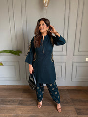 2 Piece woollen embroided side pocket embroidered co-ord set (Neelam)