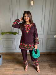 Short length embroided pheran set (Scarlet)