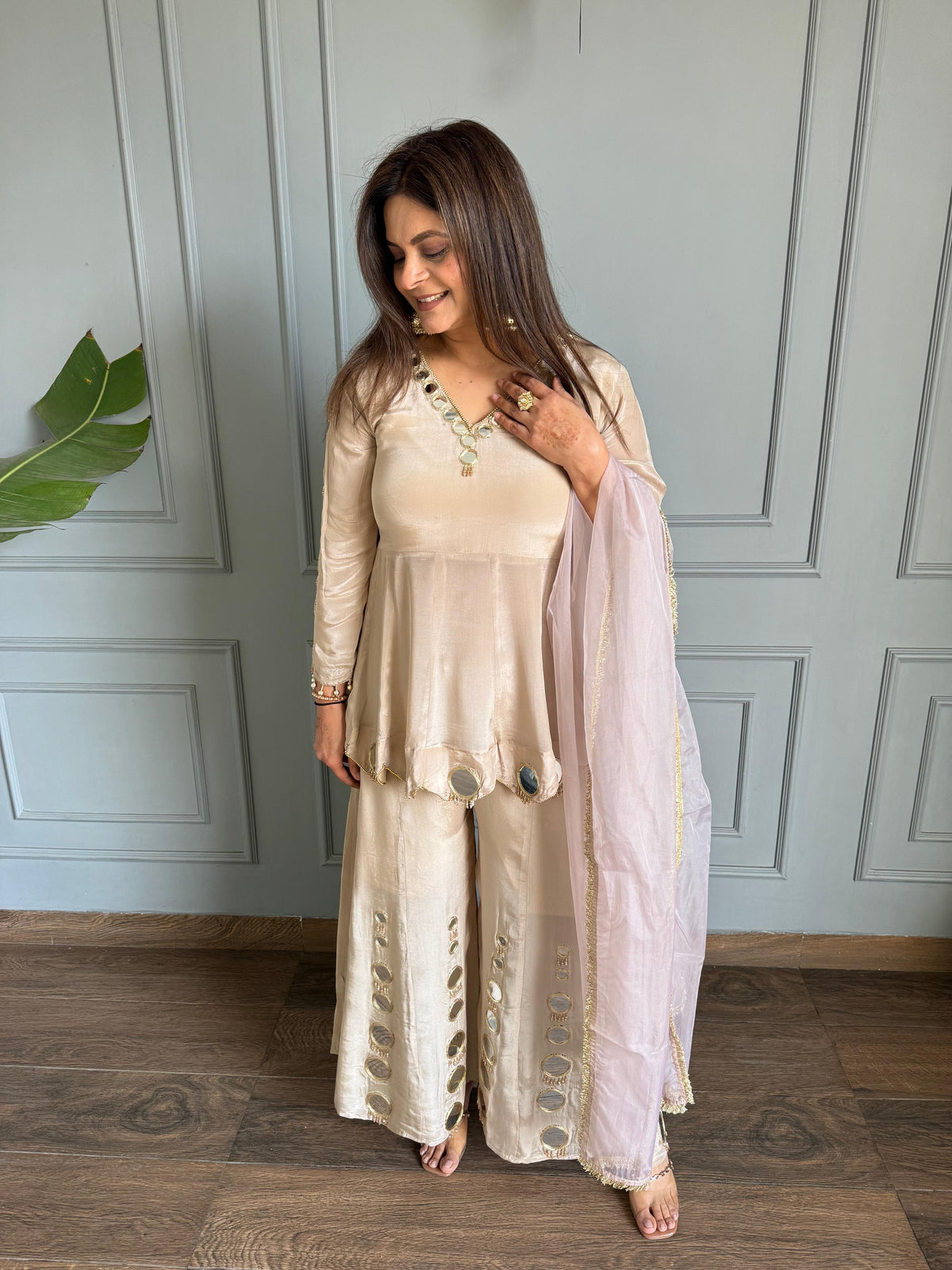 Formal crepe real mirror work with real organza dupatta (Rania)